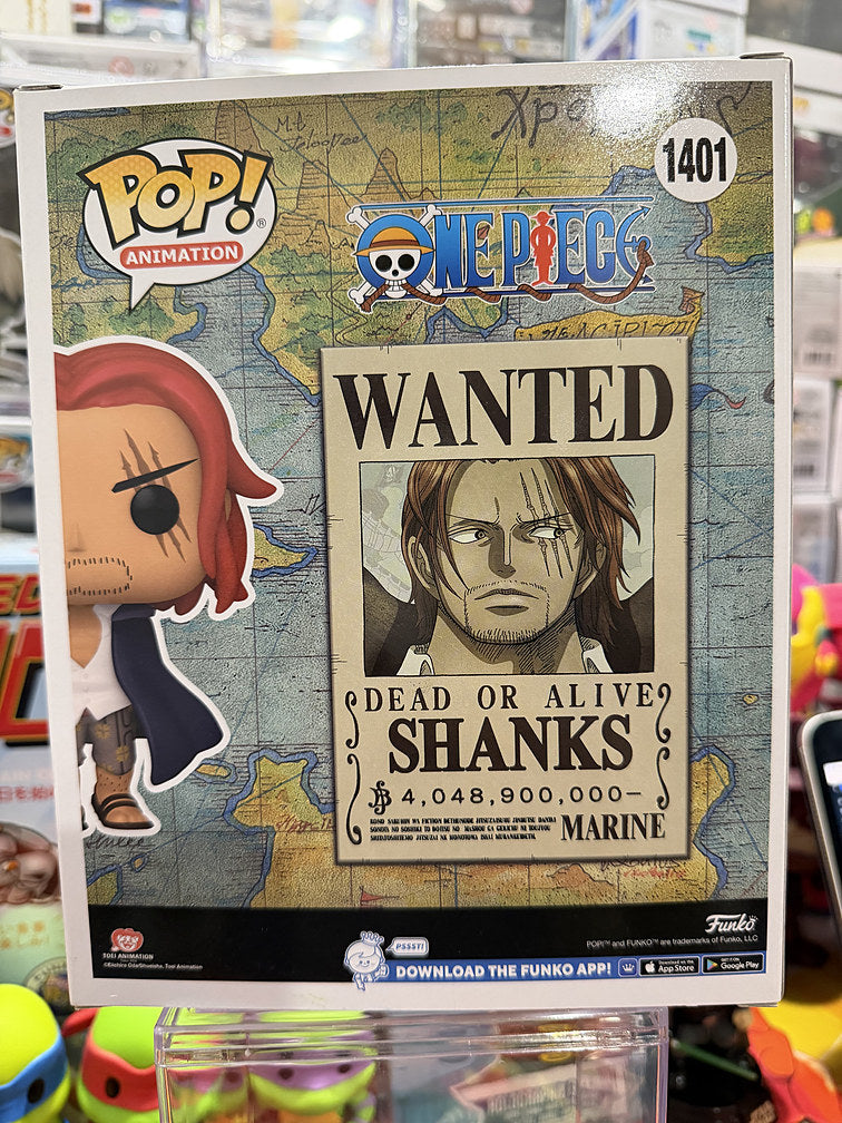 Funko Pop One Piece Shanks Wanted Poster #1401 box back with Wanted poster art